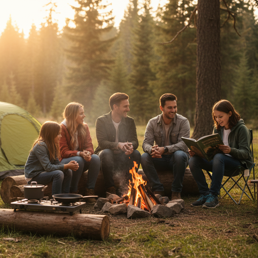 A family with 3 kids sitting near a campfire with 2 tents in the background. They're all smiling and learning together, cooking dinner on a portable gas stove while one of the kids read a book.